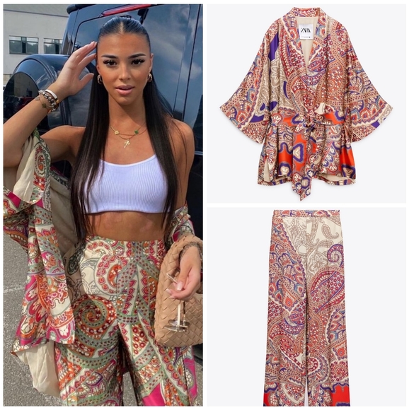 Zara Other - NWT SET! * Zara Satin Kimono Shirt & Wide Leg Pant PJ Printed